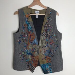 Vintage chicos embroidered beaded wool blend vest with button size 2